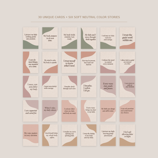 A grid of small rectangular birth affirmation cards with rounded corners on a warm beige background. The top text reads '30 UNIQUE CARDS • SIX SOFT NEUTRAL COLOR STORIES.