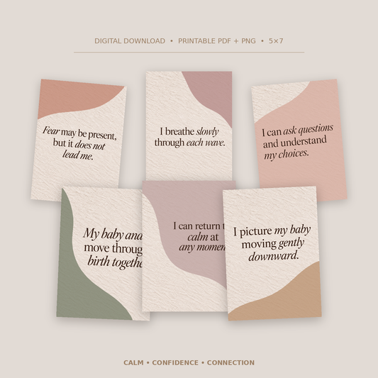 Six printable birth affirmations cards with minimalist abstract color blocks and handwritten-style text, arranged on a warm beige background. Text at the top reads 'DIGITAL DOWNLOAD • PRINTABLE PDF + PNG • 5 x 7' and text at the bottom reads 'CALM • CONFIDENCE • CONNECTION'.