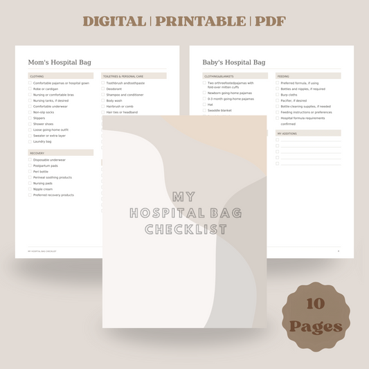 Digital printable hospital bag checklist template shown in two page spreads: 'Mom's Hospital Bag' and 'Baby's Hospital Bag,' with a central cover page reading 'MY HOSPITAL BAG CHECKLIST.' The image includes the text 'DIGITAL | PRINTABLE | PFD' at the top and a brown badge at bottom right reading '10 Pages.