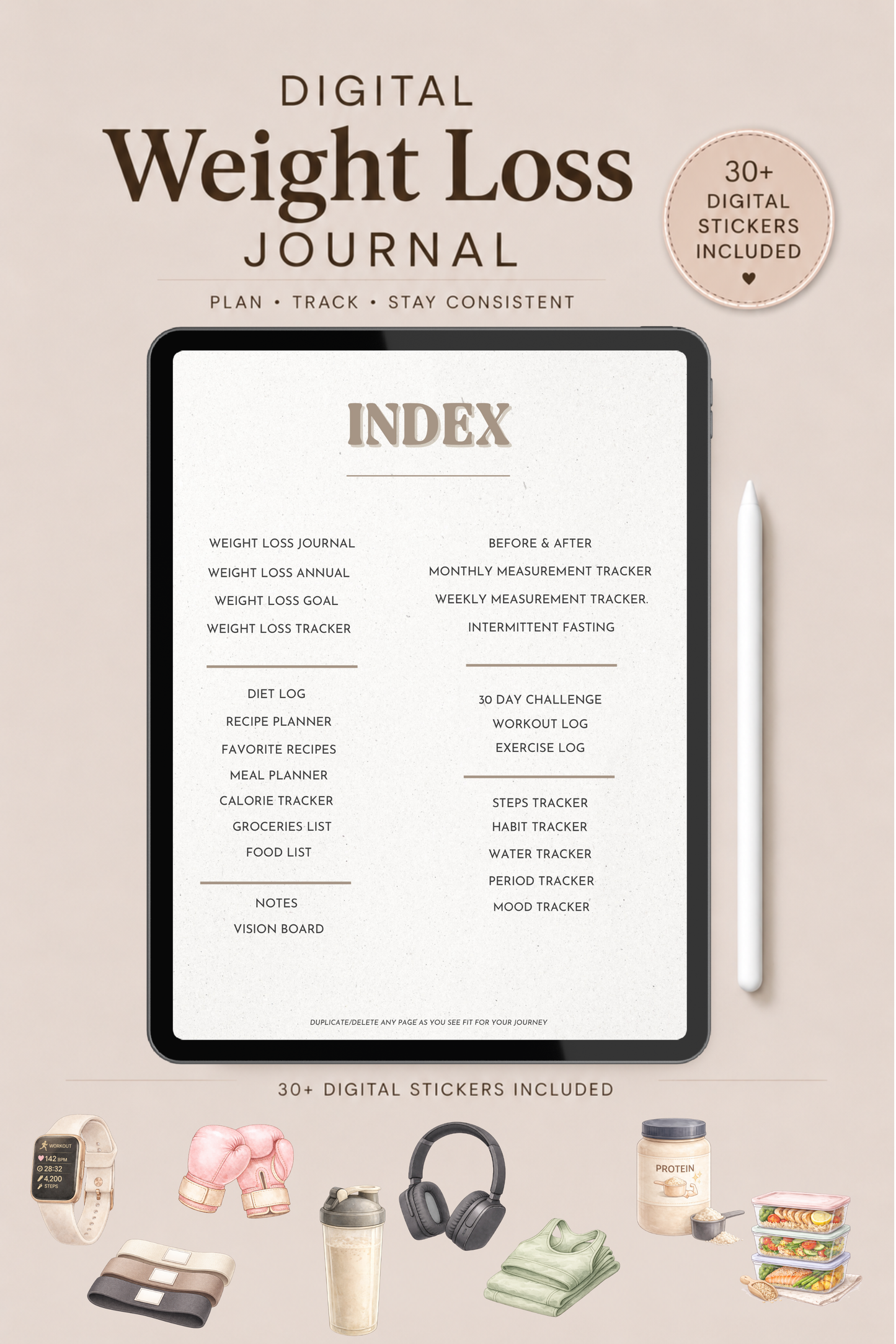 Digital Weight Loss Journal with Digital Fitness Stickers GoodNotes